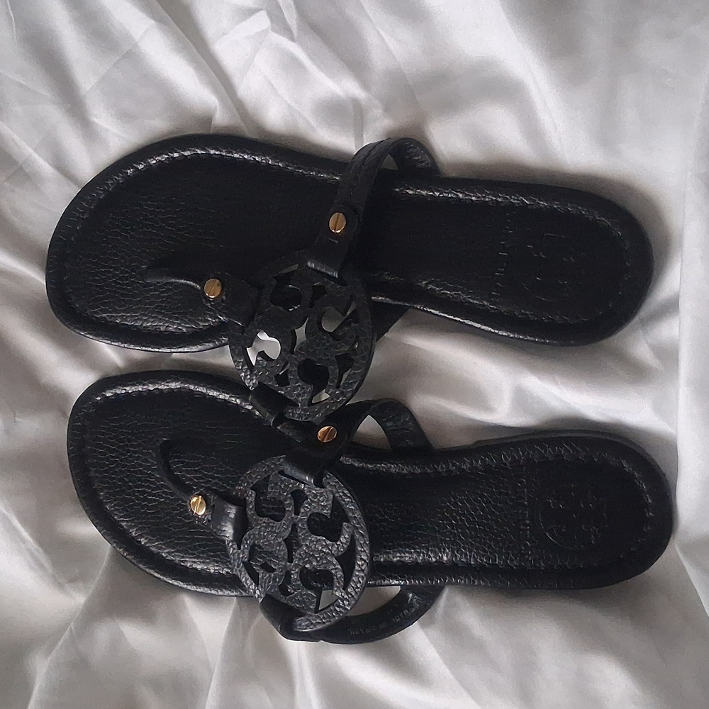 Tory Burch Black Leather Sandals with Logo Detail
